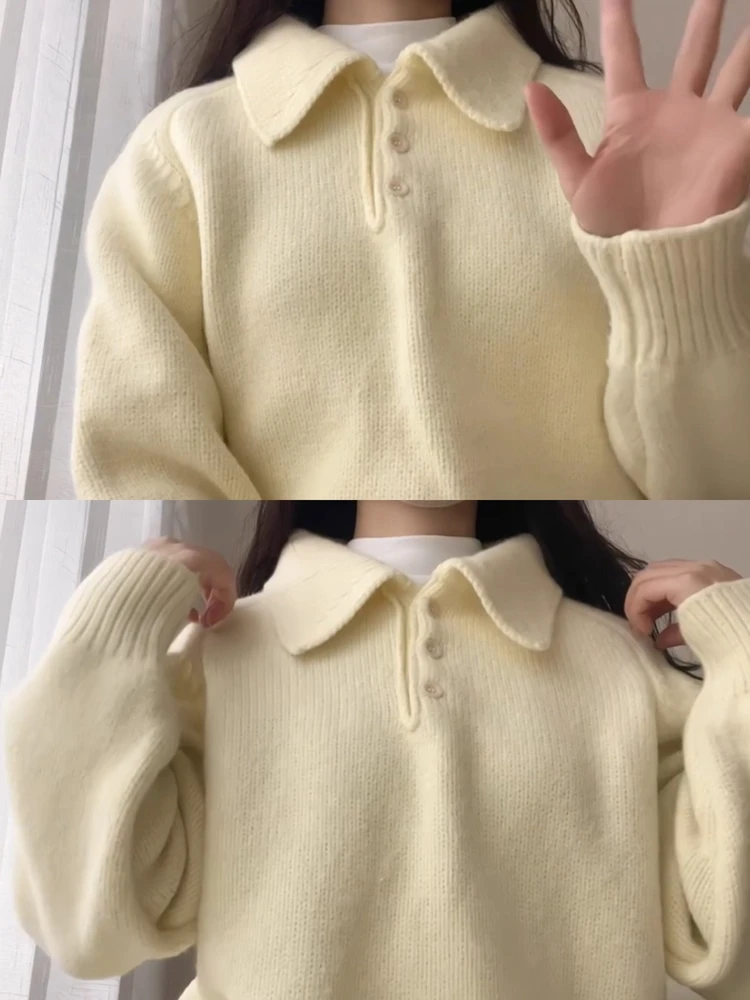 College Sle – tricot à col pour femme, coupe ample, douce, chaude, longue, couleur Sve, vêtements d'extérieur en jaune lait pour l'automne...