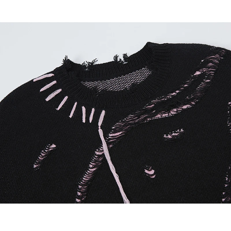 سترة هيب هوب جديدة لعام 2025 ملابس خروج للجنسين داكنة Y2K الجرونج بلوفرات محبوكة مدمرة للرجال والنساء ملابس تريكو فضفاضة
