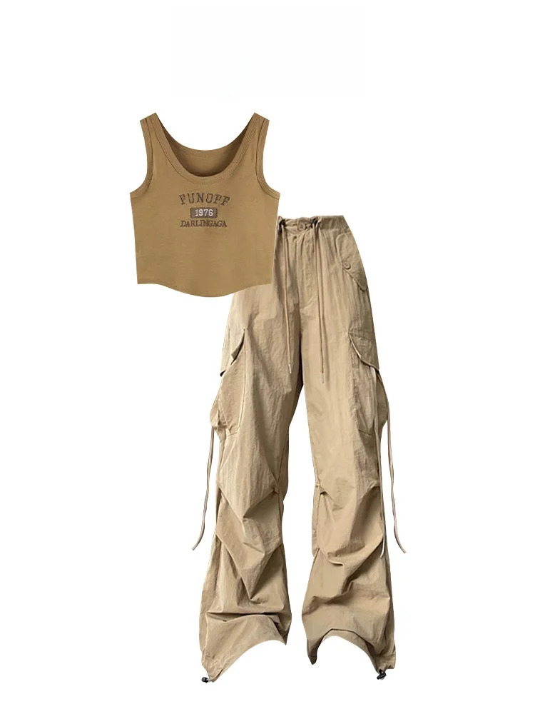 American Retro Embroidered Letter Strap Vest Women's Summer High Waist Qui Dry Sports Pants Inner Wear Casual Faion Set