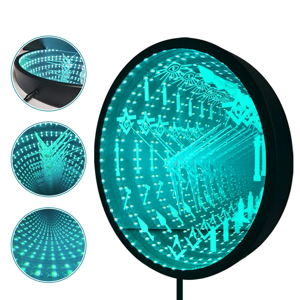 Masonic Symbols LED Infinity Mirror Clock Tunnel Light Freemasonry Stunning Optical Illusion Light Luminous Bedside Night Lamp