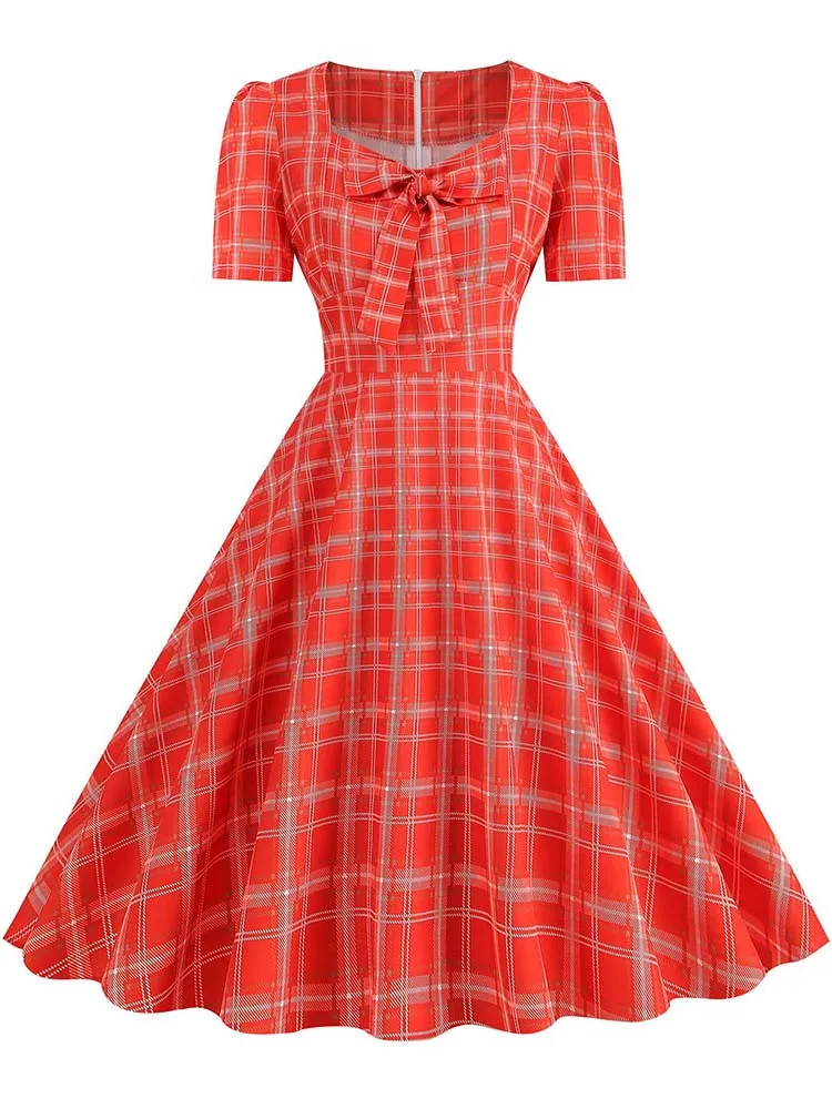 Green Plaid Swing Party Dresses Women Elegant Vintage Square Collar Short Sleeve Casual Summer Dress