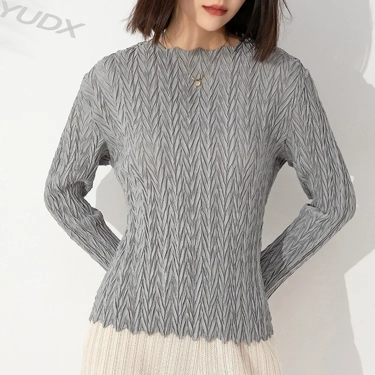 

YUDX Miyake Long Sleeve Shirt Pleated V-Neck 2023 Autumn New Pullover Stretch Slim Fashion Design Solid Color Women's Blouse