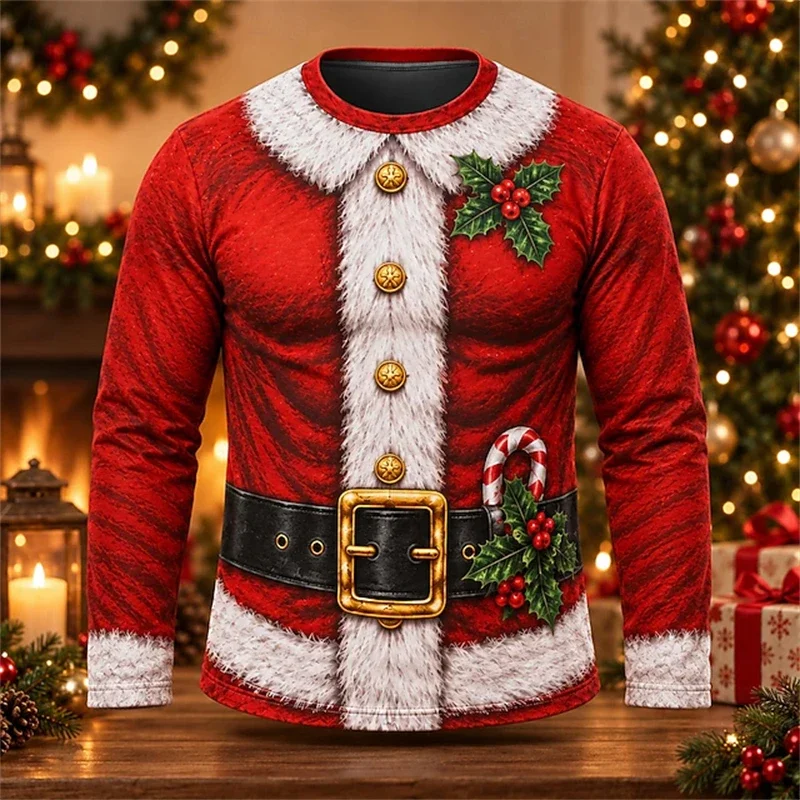 Men Crew Neck Long Sleeve T Shirt, 3D All Over Print Santa Rock Guitar Fake Muscle Graphic Tee, Casual Christmas Party Novelty