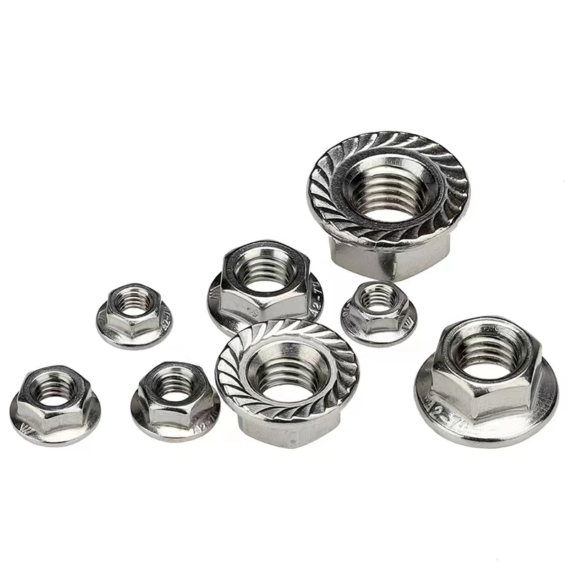 304 Stainless Steel Fine Thread Hex Flange Nuts M8 x 1.0 M10 x 1.0 M10 x 1.25 M12 x 1.25 M12 x 1.5 Serrated Spinlock Locking Nut