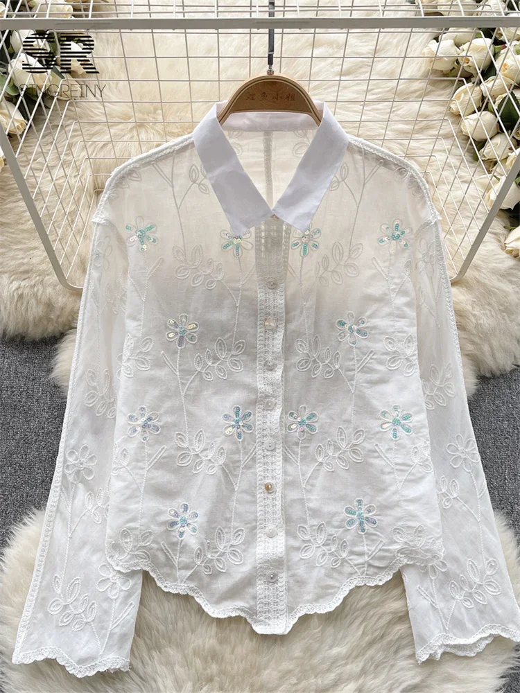 

Floral Embroidery Lapel Shirt Women Elegant Long Sleeve Spring Summer Fashion 2024 Ladies Slim Casual Loose Blouse