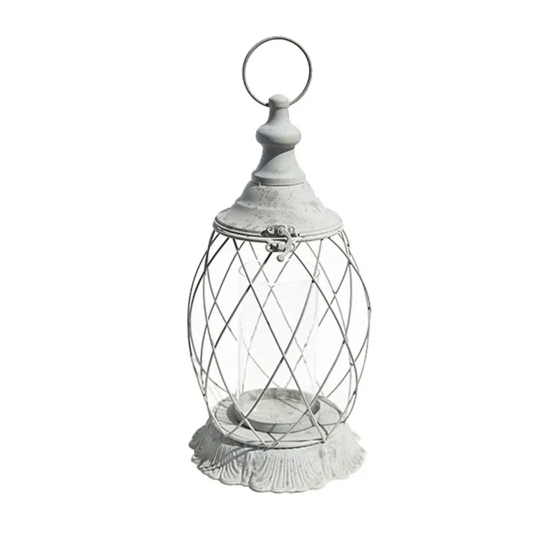 

Vintage Decorative Lantern with Wire Cage, Distressed White Cement Finish, 36cm Height, Rustic Garden Decor