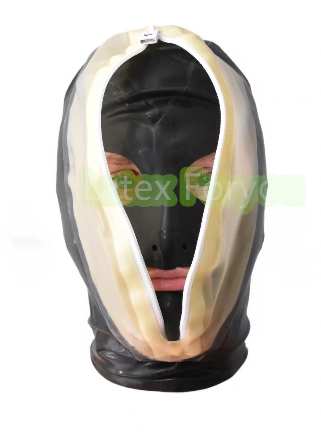 

Black Rubber Hoods Sexy Fetish Full Head Latex Mask Handmade Cosplay Mask Front Transparent Cover Face