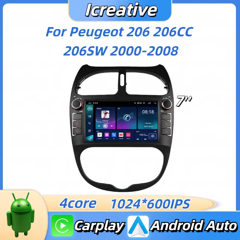 Autoradio Android avec Navigation GPS et Lecteur Vidéo pour Voiture, Stéréo, 2Din, Carplay, Limitation 7 en Effet, KIT 206 206CC 206SW 2000-2008