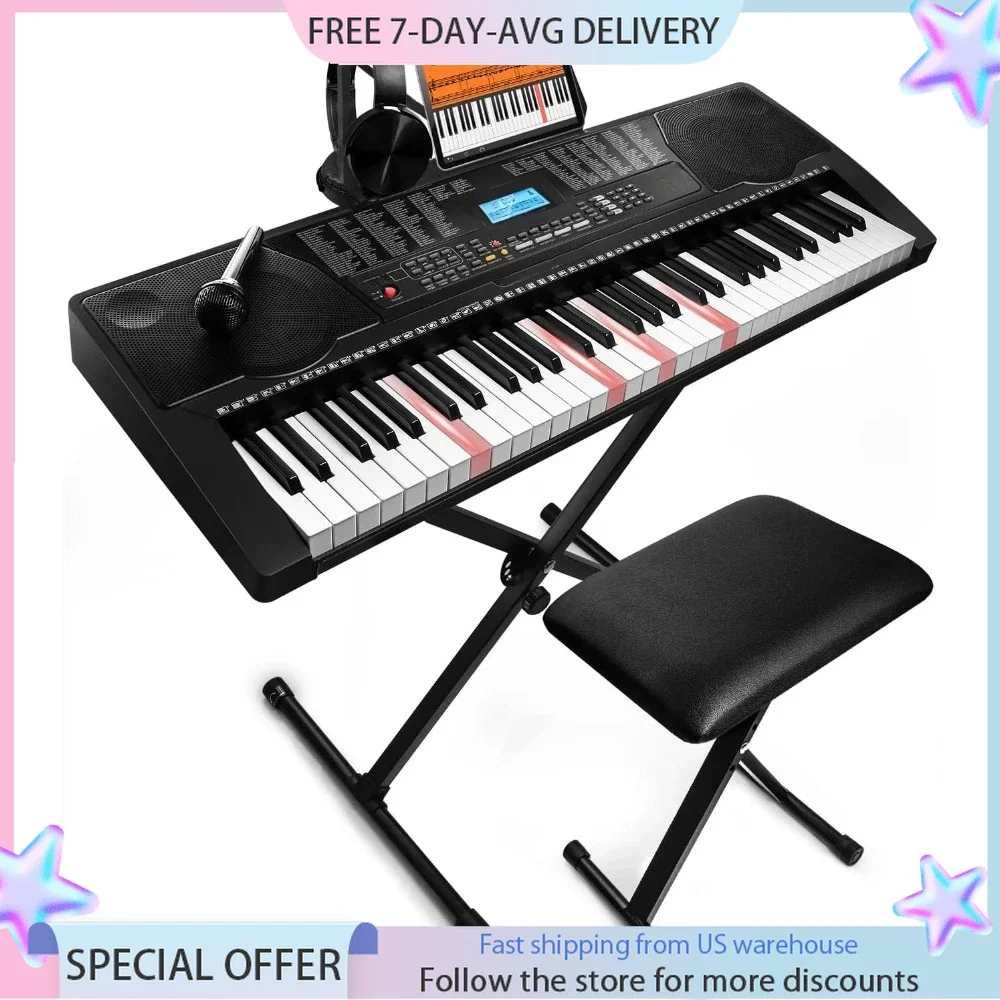 61 Key Portable Electronic Keyboard Piano W/Lighted Full Size Keys, LCD Headphones, X-Stand, Stool, Music Rest, Microphone Piano