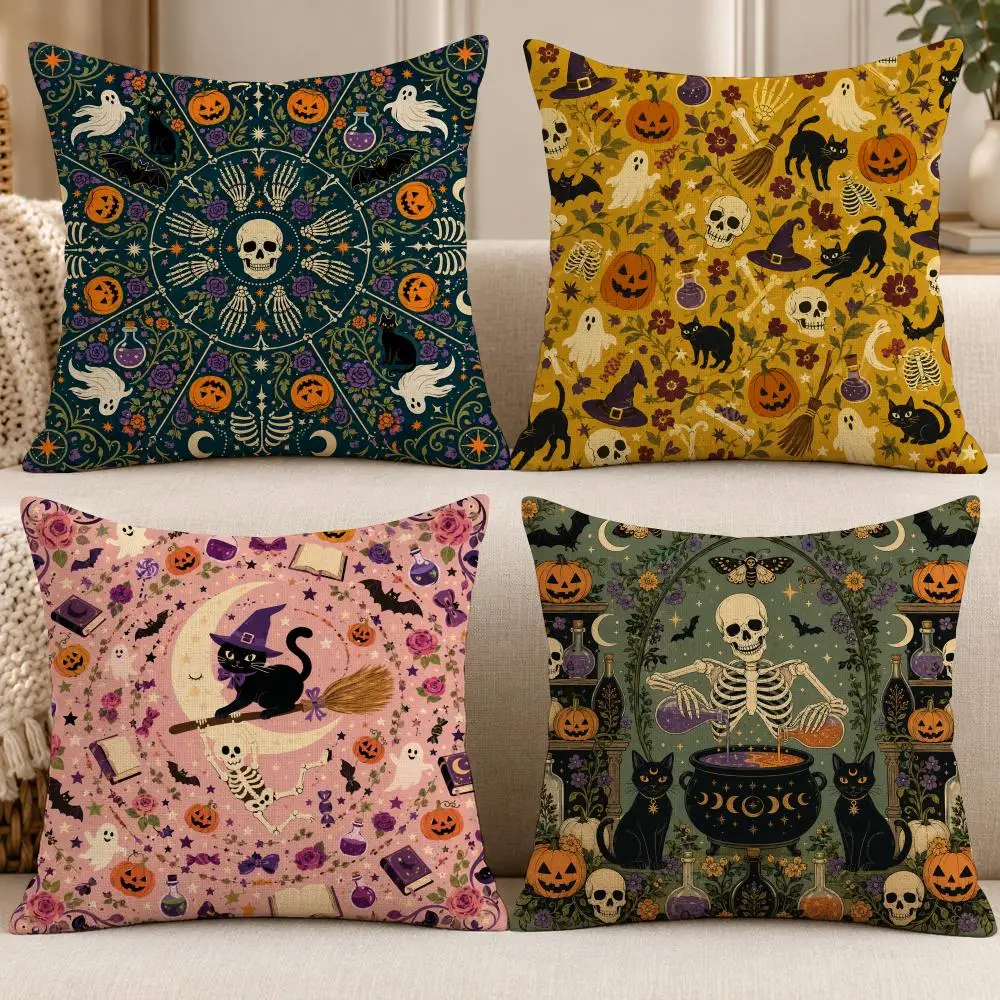 Art Gothic G-Halloween Skeleton Witch Ghost Cushion Cover Soft Short Cover Washable Sofa Bed Dorm Garden Home Office Chair Decor