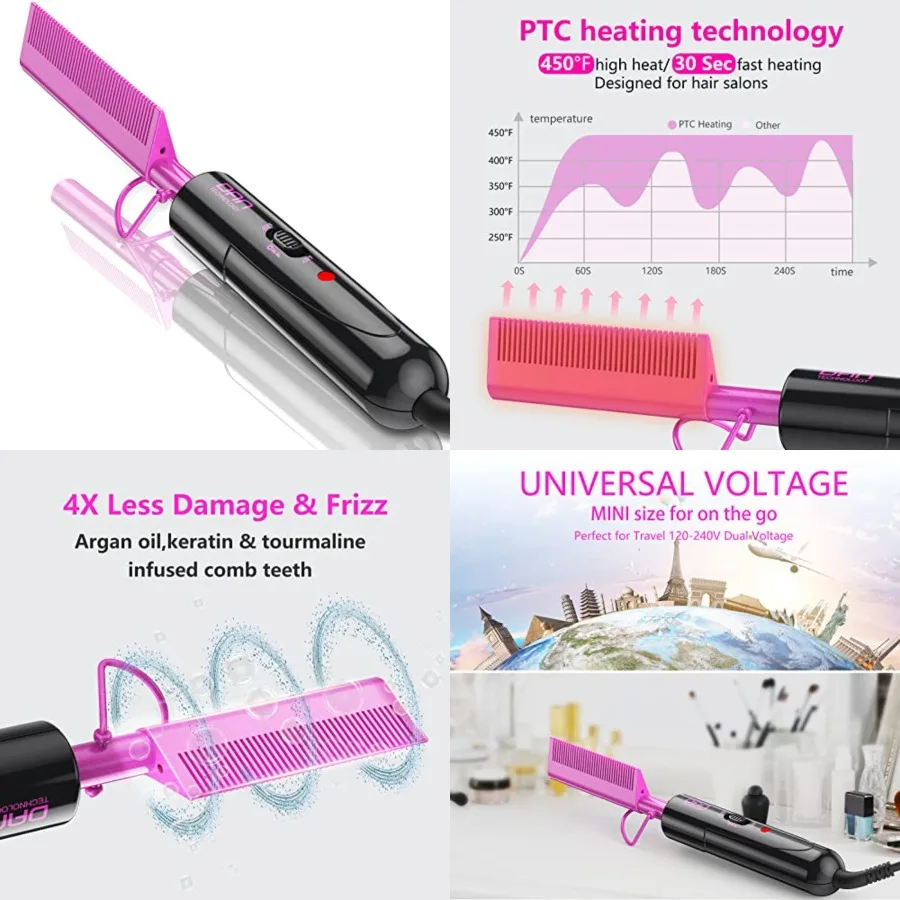

Dual Voltage Ceramic Pressing Comb - 450°F Fast Heating Mini Straightener for Lace Front Wigs and Black Women's Hair