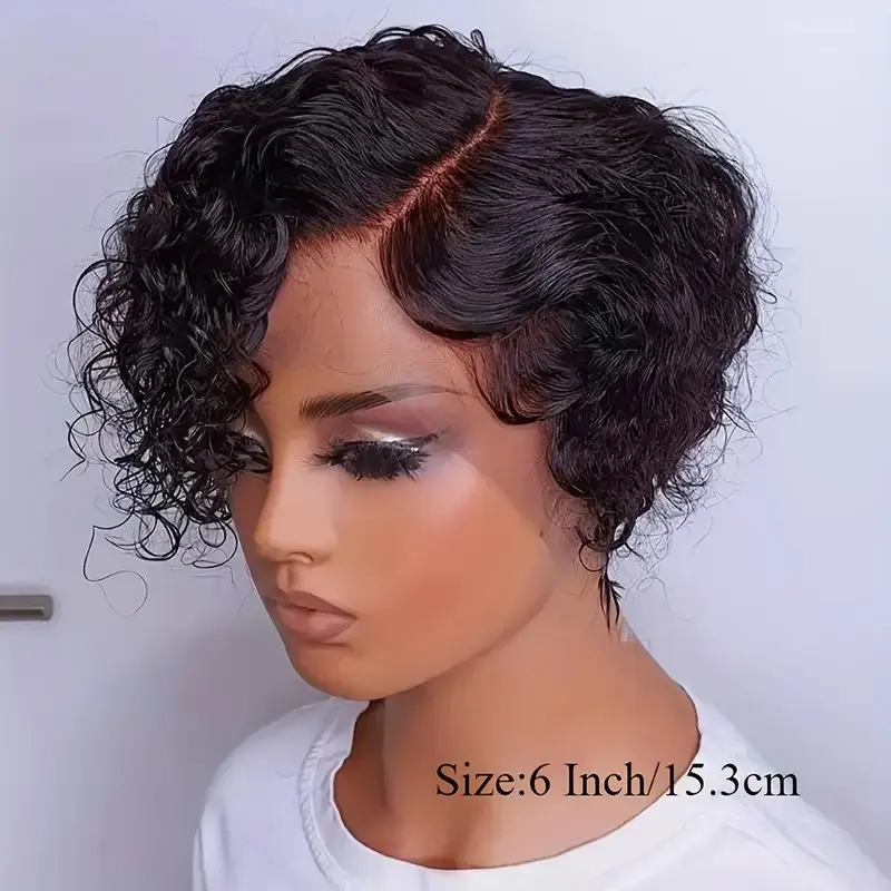 Wig rambut manusia keriting Pixie pendek Wig depan renda 13X1 Wig rambut pendek hitam untuk wanita warna alami