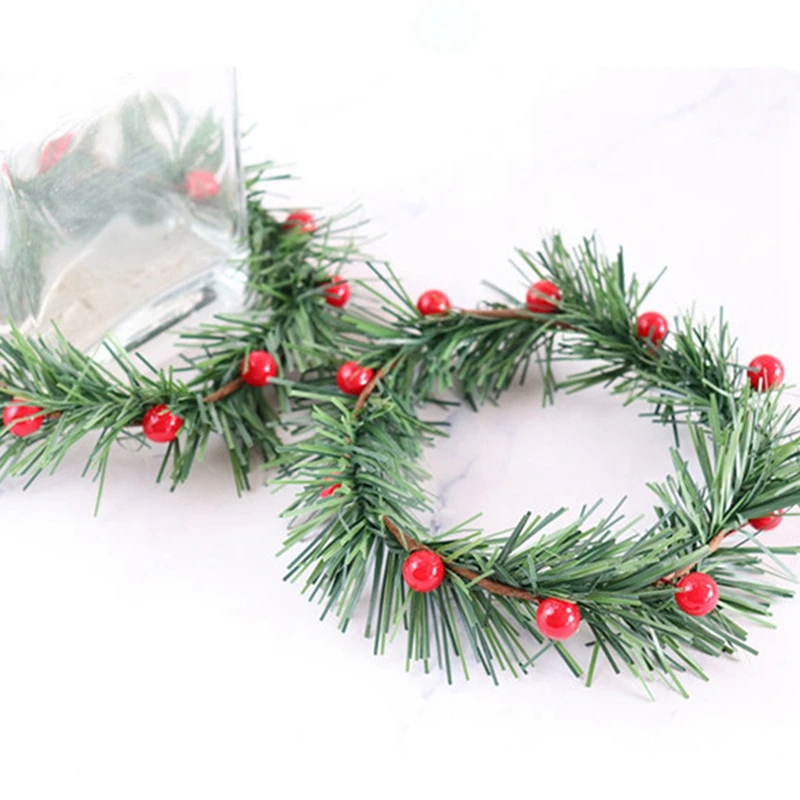 8 PCS Holly Berry Candle Ring Small Artificial Red Berries Pine Needles Wreath For Christmas Garland Ornaments Decor