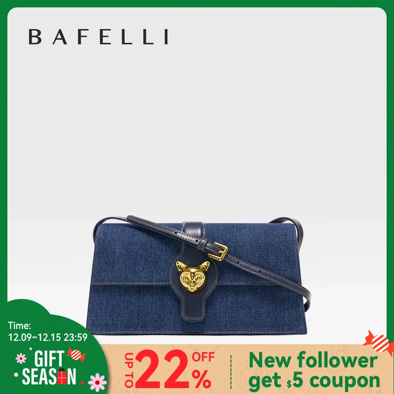 BAFELLI CAT 2023 NEW WOMEN\'S BAG LUXURY BRAND FASHION RETRO STYLE DENIM TRENDING SHOULDER CLUTCH FEMALE LEATHER FLAP PURSE