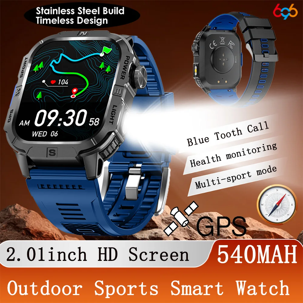 

Clock Outdoor Sports GPS Smart Watch Compass Heart Rate Health Blue Tooth Call Waterproof Flashlight Smartwatch Music 540mah