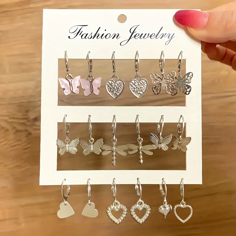 9 Pairs/ Set Exquisite Butterfly Heart Dragonfly Design Dangle Earrings Simple Vacation Style Delicate Holiday Earrings
