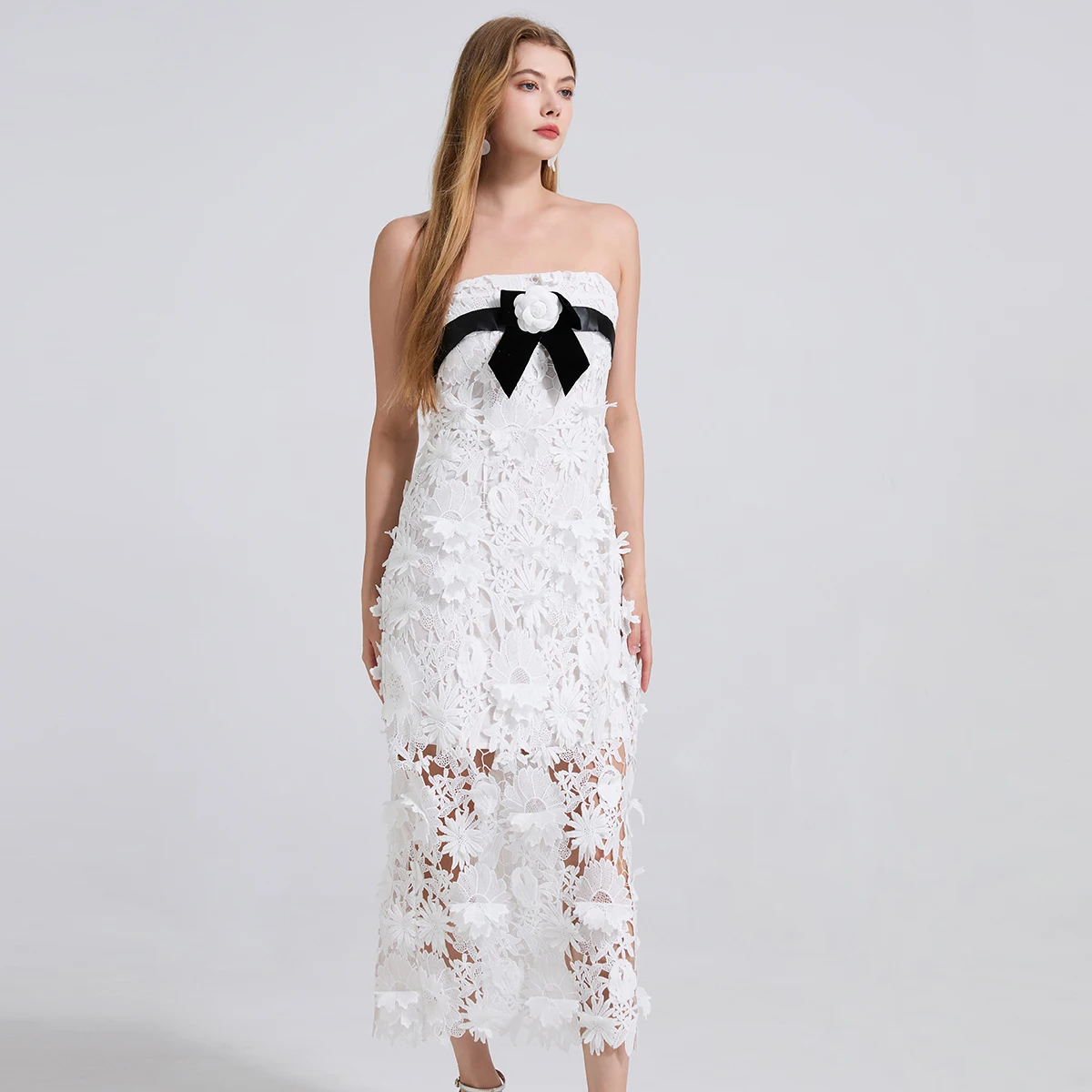 Heavy Industry Lace Three-dimensional Flower Embroidery Strapless Long Dress Summer 2025 Women's Black and White Bag Hip Skirt