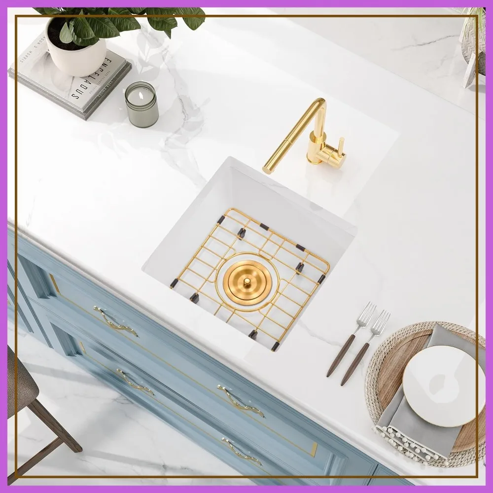 

15 Inch Undermount White Bar Sink, 15x15x9 Inch Single Bowl Quartz Kitchen Sink with Accessories