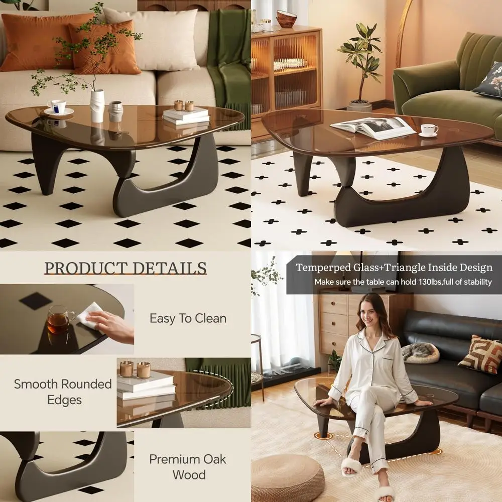 

Mid-Century Modern Living Room Coffee Table with Glass Surface and Oak Wood, Brown/Black Finish