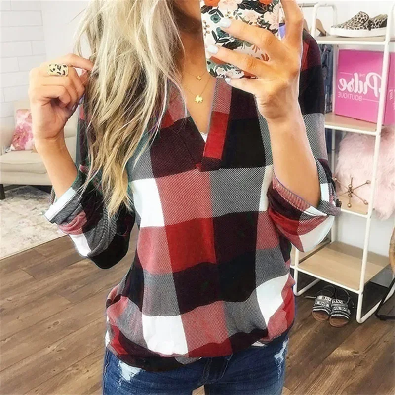 

Women V Neck Long Sleeve Plaid Blouse Shirts Spring Autumn OL Workwear Female Blouse Tops S-5XL Oversized YQH-SY190918