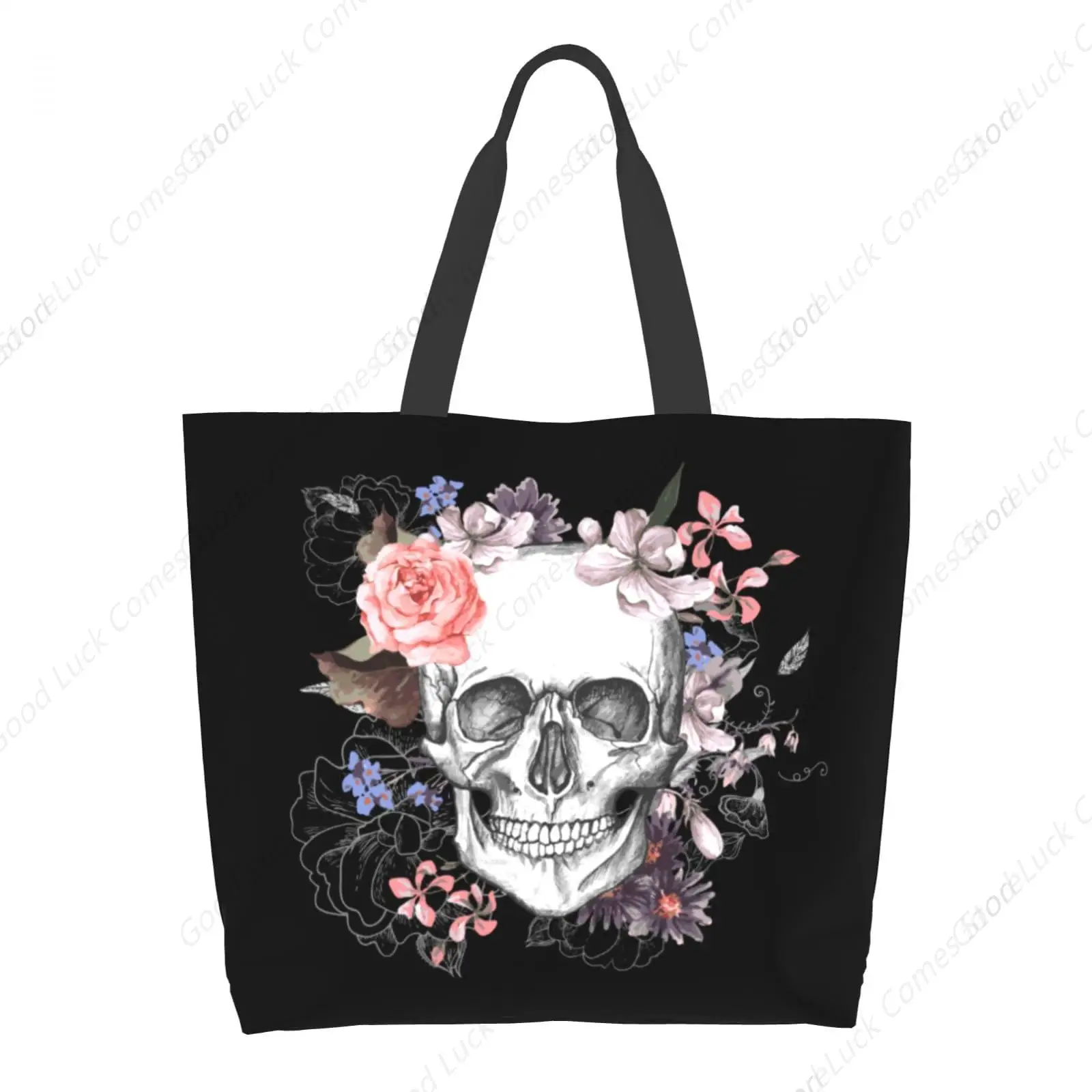 

Skull Flowers Shoulder Bag Retro Skull Tote Bag Large Reusable Eco-friendly Shopping Bags Portable Storage Handbag Convenient