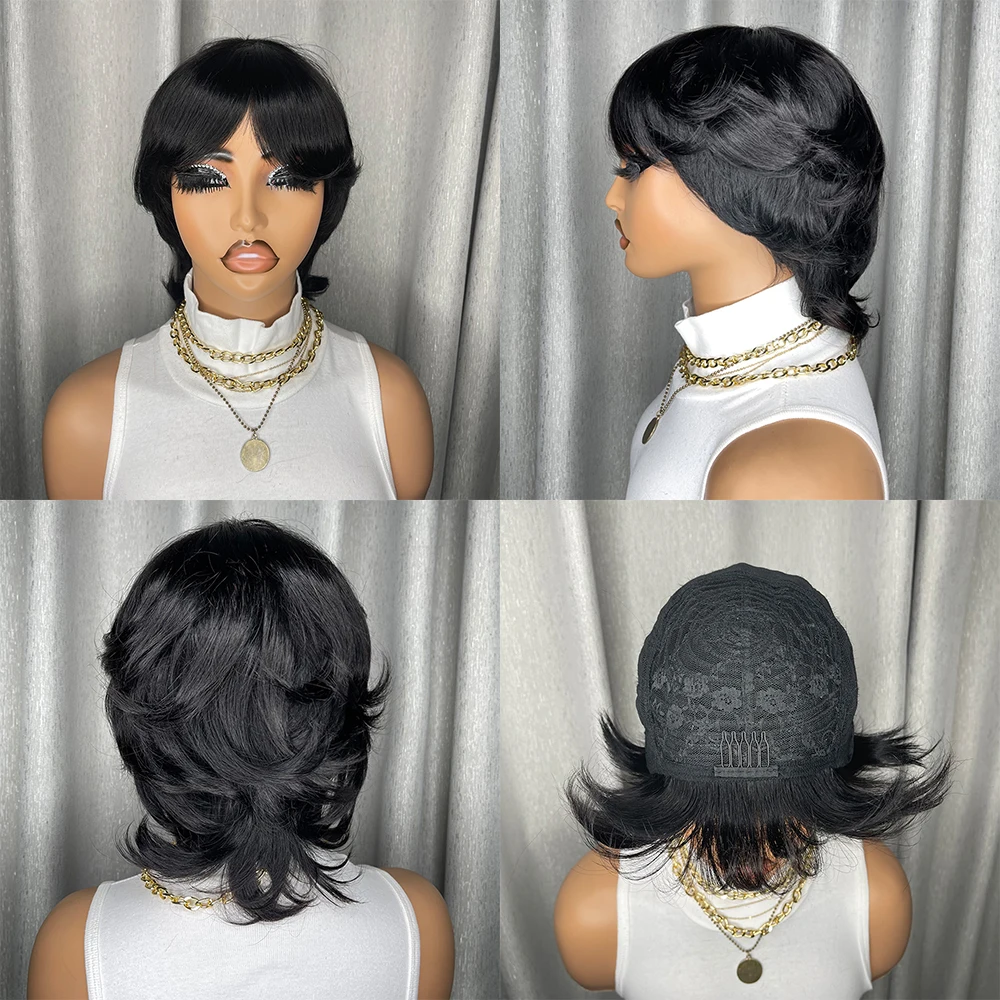 باروكات شعر طبيعي مفرود قصيرة شعر مستعار بقص عابث مصنوع آليًا للنساء شعر برازيلي قبل قطعها شعر مستعار قصير بقص عابث