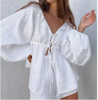 

Women's Shorts Set 2025 Fashion Spring Summer New Cotton and Linen White Balloon Sleeve Chic Minimalist V-Neck Top Shorts Set