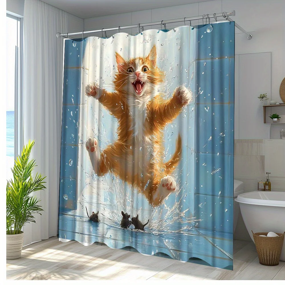 Funny Cat Jumping Shower Curtain Cartoon Cat And Mice Scene Bathroom Decor Playful Animal Print Waterproof Bath Curtain