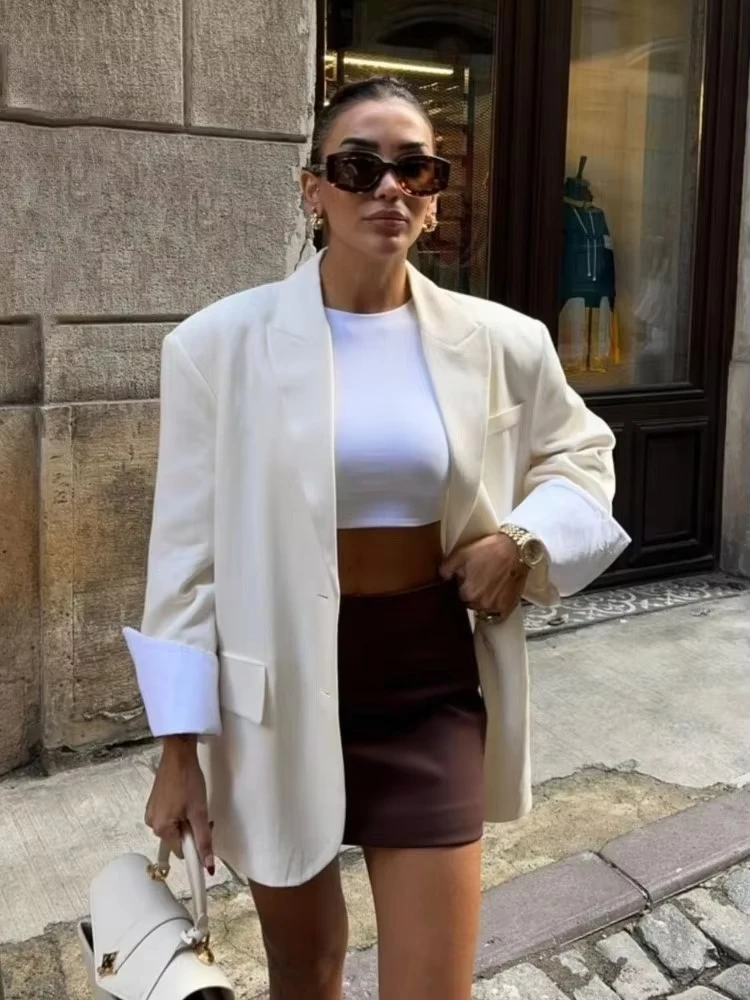 

Elegant Blazer Coat For Women Fashion Pockets Lapel Oversized Suit Jackets 2025 New Autumn Office Lady Casual Loose Outerwear