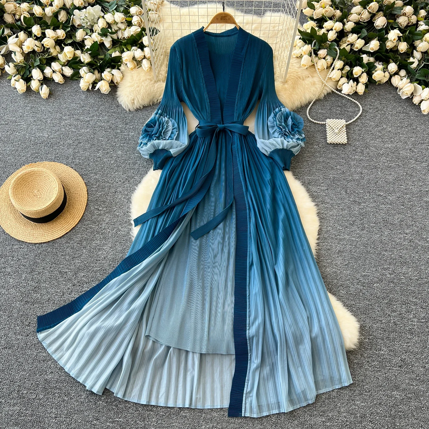 Vintage High Waist Dress Pleated Bandage Lantern Long Sleeve O Neck Dress Chic Autumn Vestidos Women Dress