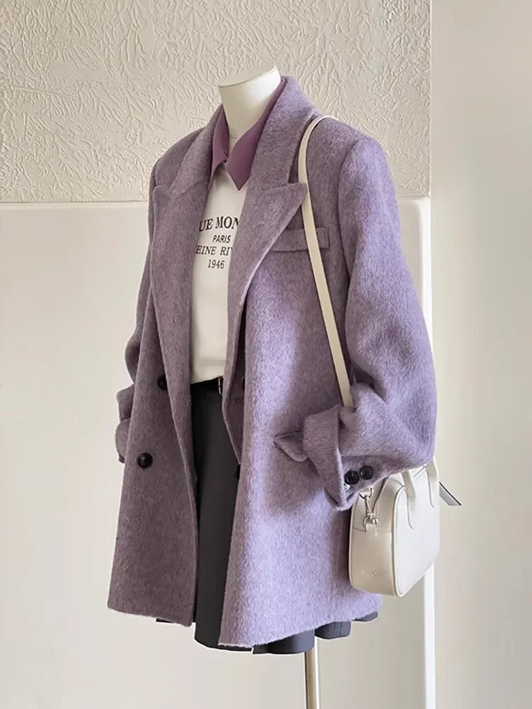 Gentle Purple Woolen Coat For Women In Autumn And Winter, New High-End Loose Casual Woolen Suit Short Jacket