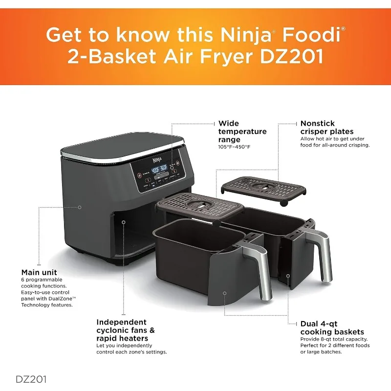 หม้อทอด Air fryer 2ตะกร้านินจา DZ201 Foodi 6-in-1พร้อมเทคโนโลยี Dualzone ความจุ8ควอร์ตและผิวสแตนเลสสีเทาเข้ม