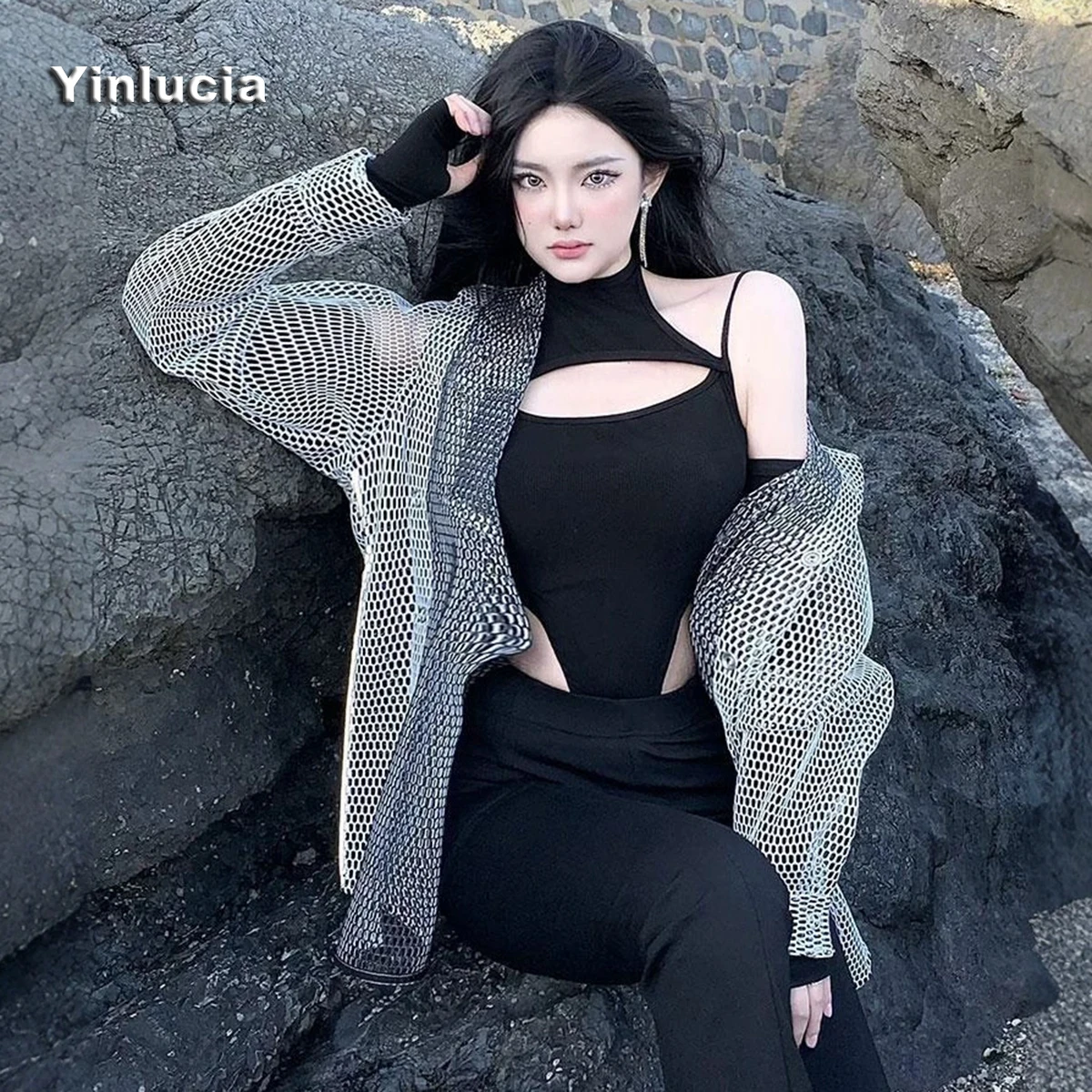Fishnets Jacket Loose Perspective Sexy Hollow Out Jacket Long Sleeved Shirt Coat Men Women Neutral Outwear Nightclub Party