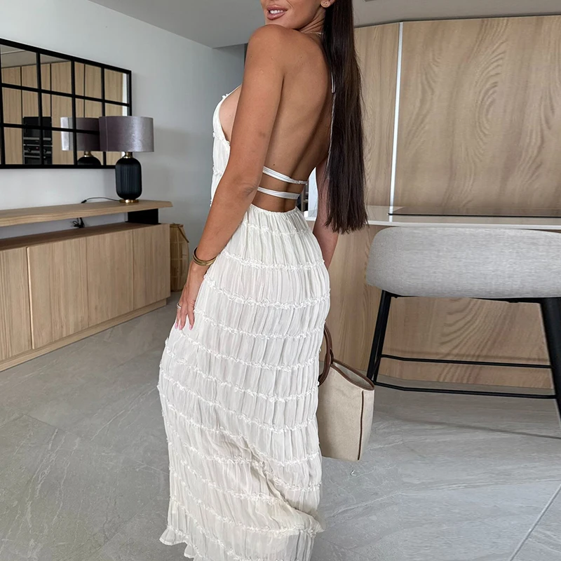 女性ハイウエスト背中の開いたビーチドレスセクシーなサスペンダーノースリーブロングスリングドレスファッションソリッドカラーフリルスリムパーティードレス
