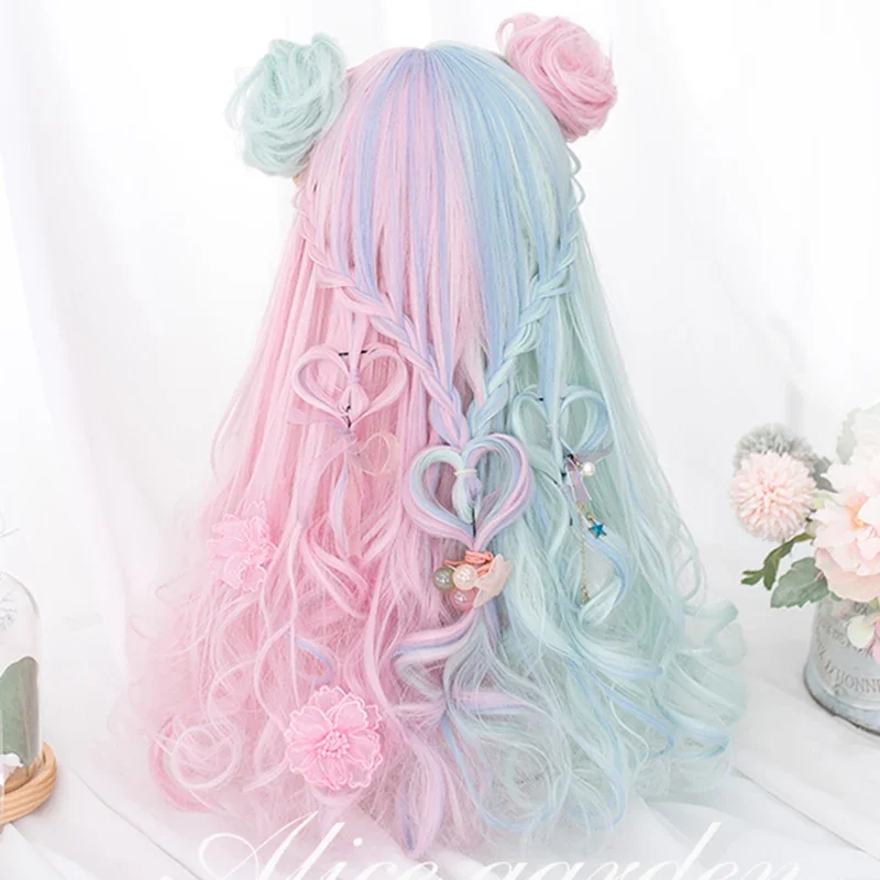 HOUYAN Long wave curly hair synthetic wig female bangs cosplay Lolita pink blue two color wig high temperature resistance