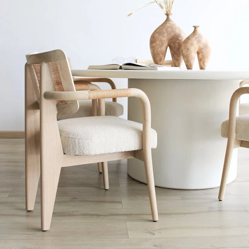 Retro Solid Wood Dining Chair Home B&B Simple Creative Design Ash Wood Armrests Assembled Adult Backrest Rattan Chair