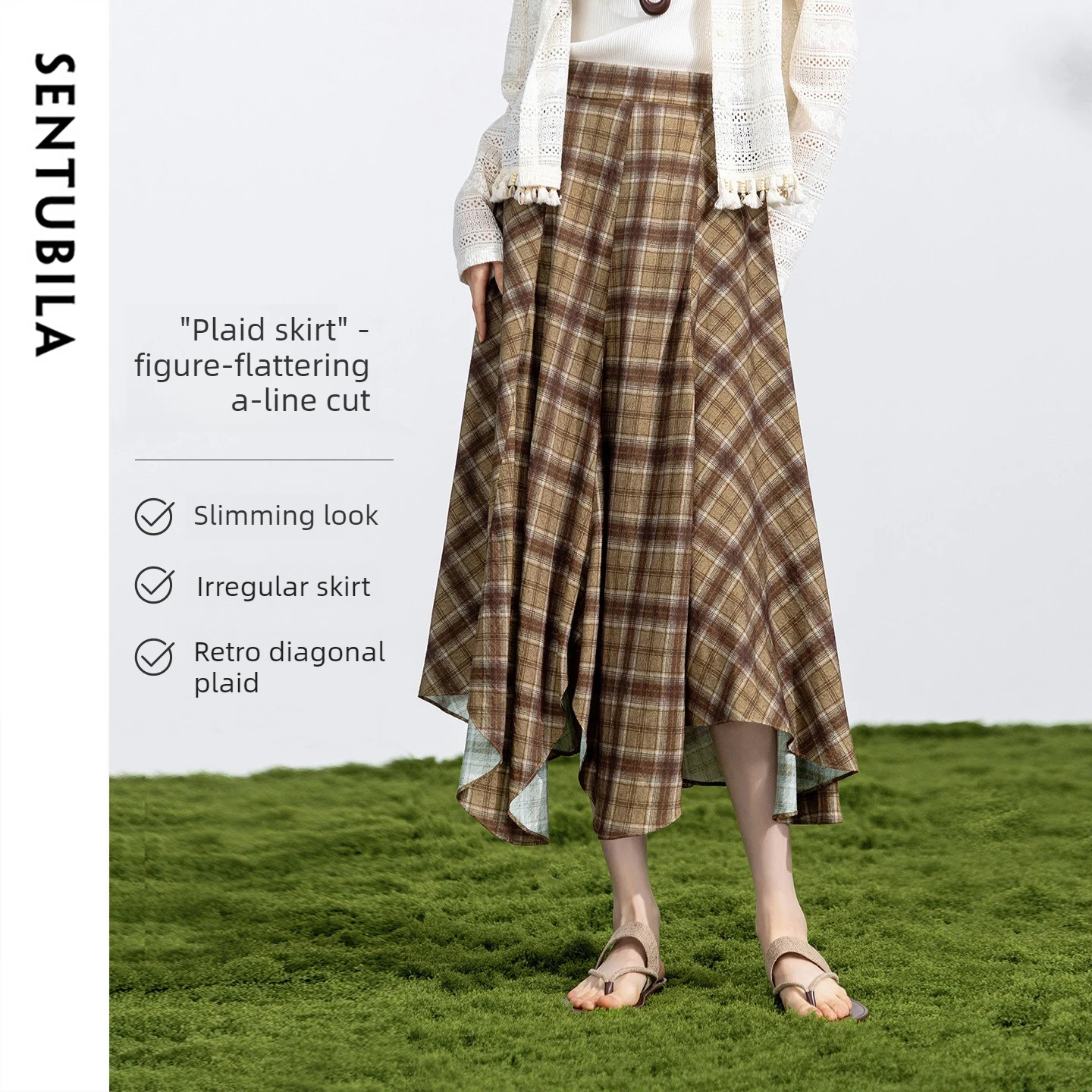 

SENTUBILA Women's British Vintage Plaid Skirt 2026 Spring Fall Elastic Waist High Waist A-Line Asymmetric Midi Skirt W61QE5894