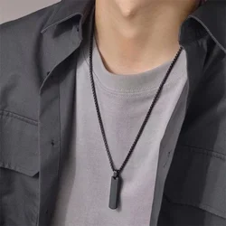 Mens Stylish Geometric Rectangle Bar Pendant Necklace, Black Silver Color Stainless Steel Box Chain, Male Jewelry Gift