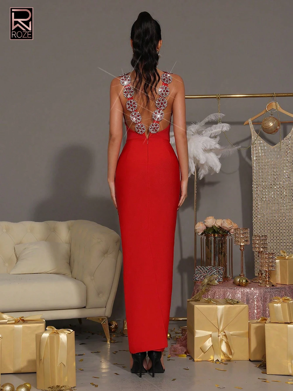 مثير عارية الذراعين الماس سلسلة تصميم ضمادة ماكسي فستان طويل 2025 المرأة بلا أكمام Bodycon المشاهير عشاء رداء حفلات #3