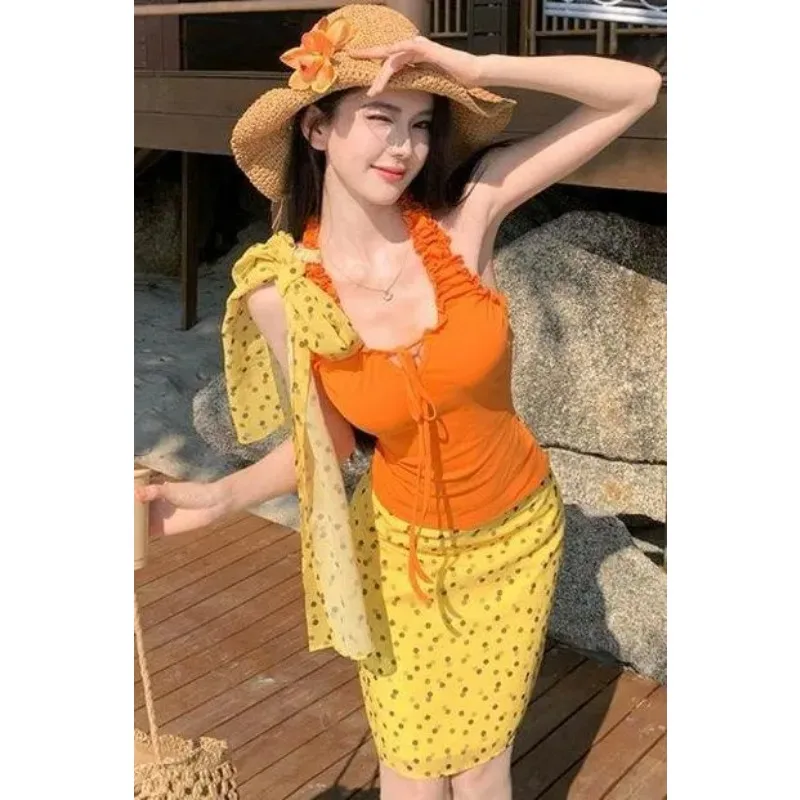 

Women's Orange Halter Top Yellow Polka Dot Skirt Two Piece Set Summer Beach Vaion Outfit