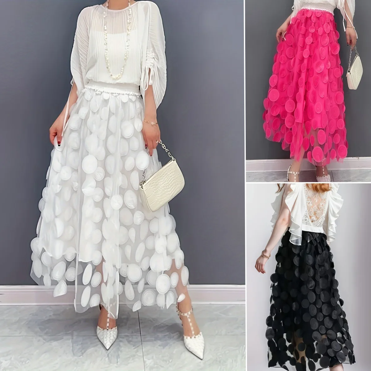 Women Polka Dot 3D Design Tulle Mesh Skirt Retro Elastic Waist Length A-line Drawing Skirt Beach Party Street Fashion Dress