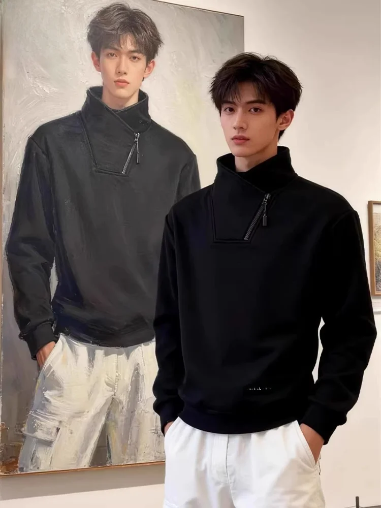 Black American Style Zipper Hoodie Men's Winter Fleece Long Sleeve Stand Collar Thickened Inner Shirt Youth Popular Daily Wear