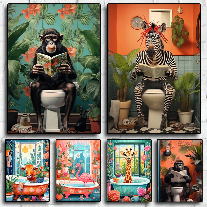 Mono divertido para leer periódicos en inodoro, Póster Artístico Tropical para baño, pintura en lienzo e impresión, imagen para habitación, decoración del hogar