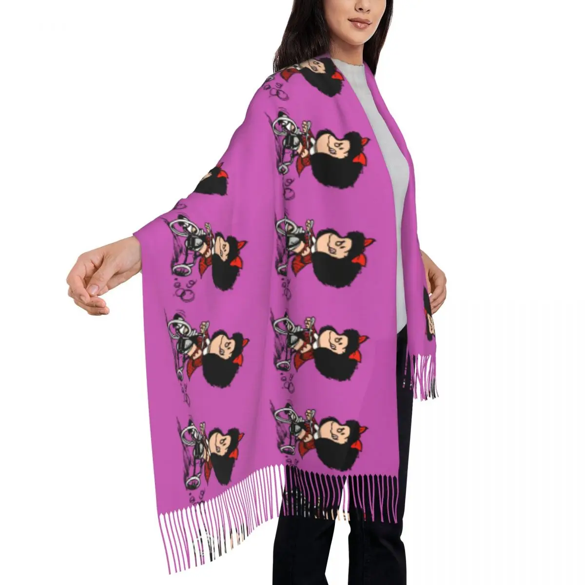 Custom Ladies Long Funny Mafaldas Quino Comics Argentina Cartoon Scarves Women Winter Soft Warm Tassel Shawl Wrap Scarf