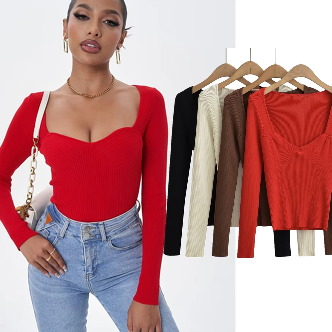 Dave&Di  British Fashion Blogger Vintage Square NeckTop Autumn  Knit Solid Long Sleeve Basic T-shirt Women