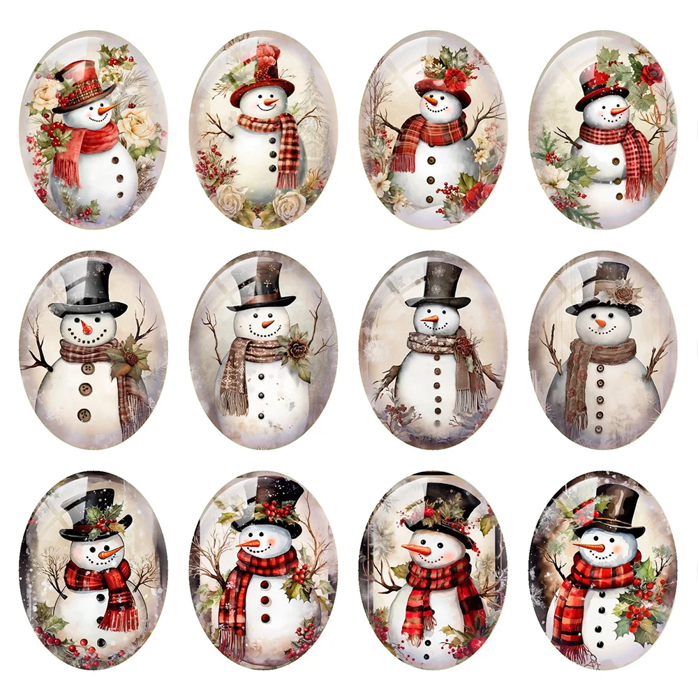 10pcs/lot Christmas X-mas Cute Snowman Winter Oval Photo Glass Cabochon Flatback Demo Cameo Diy Jewelry Making