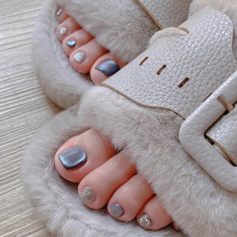 24개 레드 보우 프레스온 발톱 착용 가능한 짧은 스퀘어 인조 손톱 솔리드 컬러 블루 풀커버 네일 팁 가짜 손톱