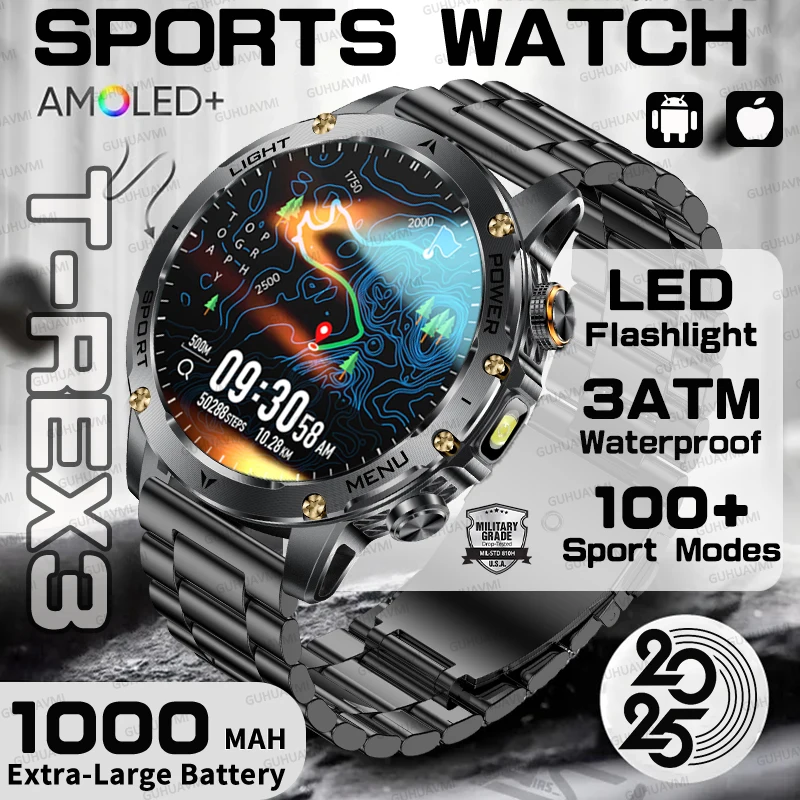 2025 Outdoor T-Rex 3 NEW Military Explorer 1000mAh Battery Smart Watch LED Flashlight IP69K Waterproof GPS HD Talk Sports Watch
