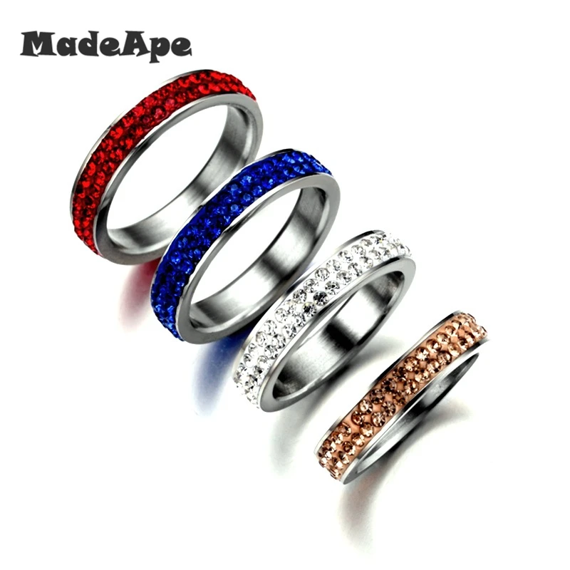 MadApe 3.5mm 2 Row CZ Zircon Wedding Ring Stainless Steel White Brown Blue Red Zircon Women Engagement Rings For Couple Jewelry