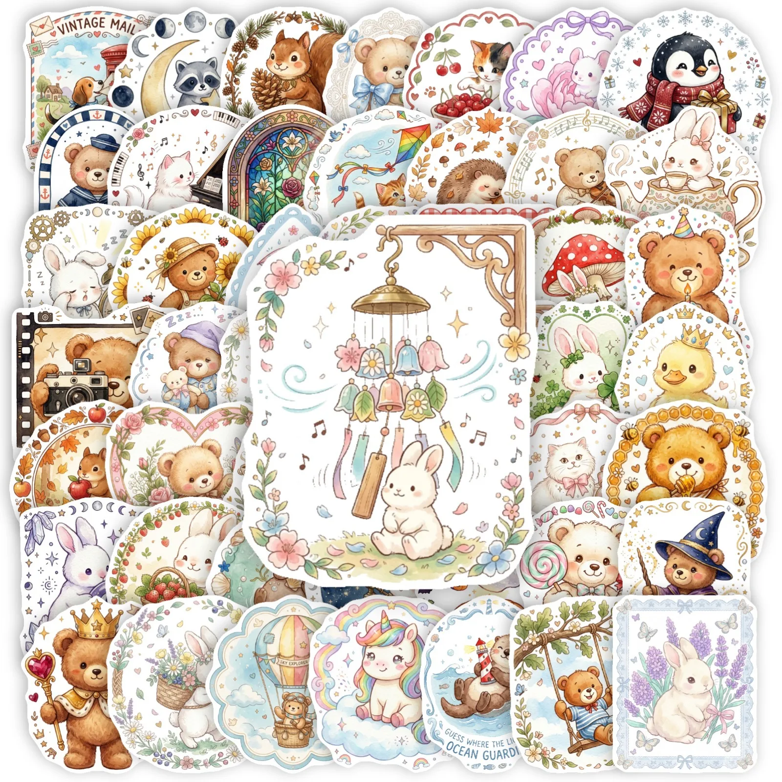 50 Stück Aquarell Vintage Kaninchen Bär Cartoon Aufkleber Niedliche Märchenhafte Wasserfeste Vinyl-Sticker für Skateboard Helm Notizbuch